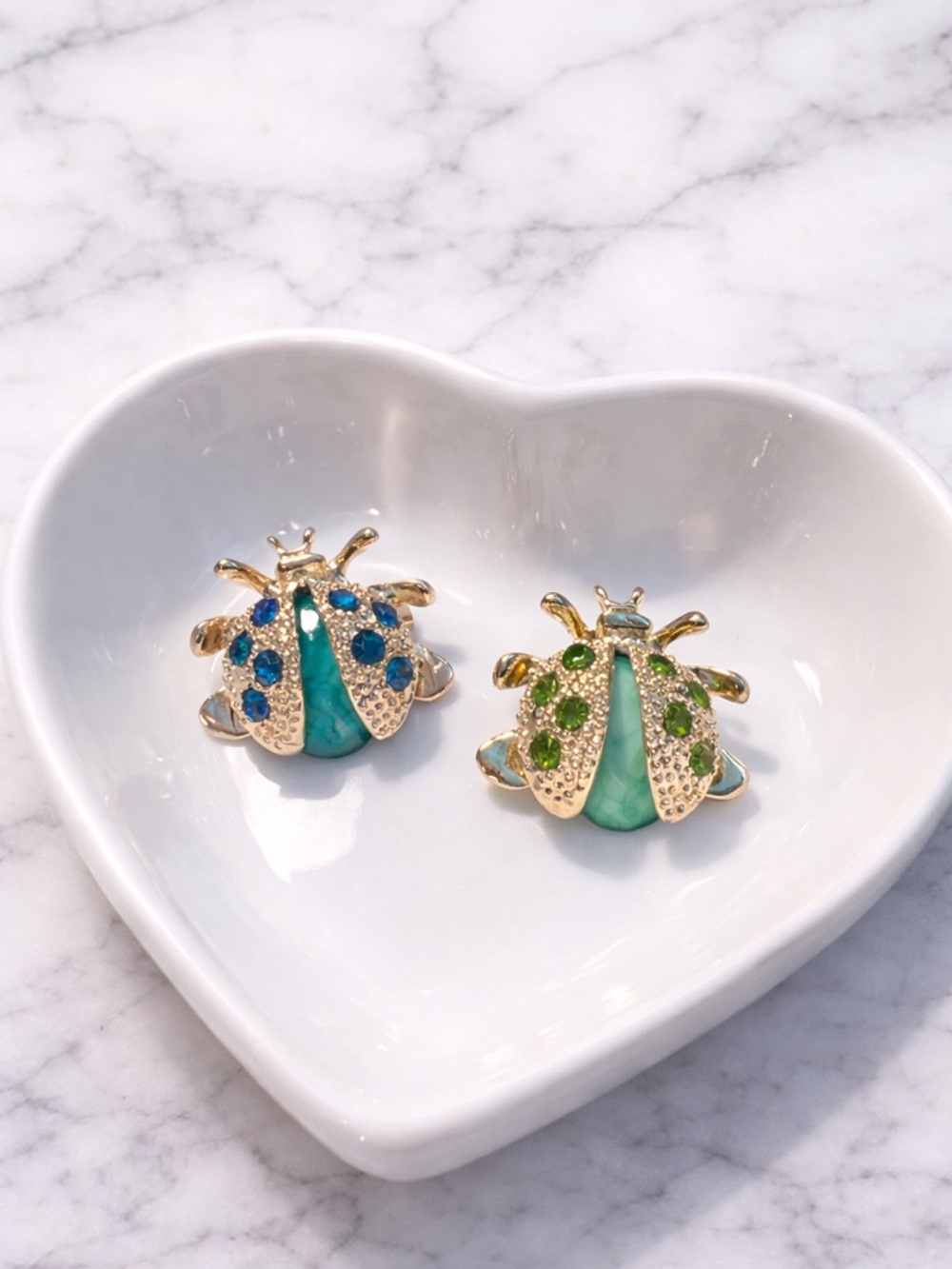 Gold Tone Ladybug Brooch Set | Rhinestone Enamel Beetle Pins Blue & Green